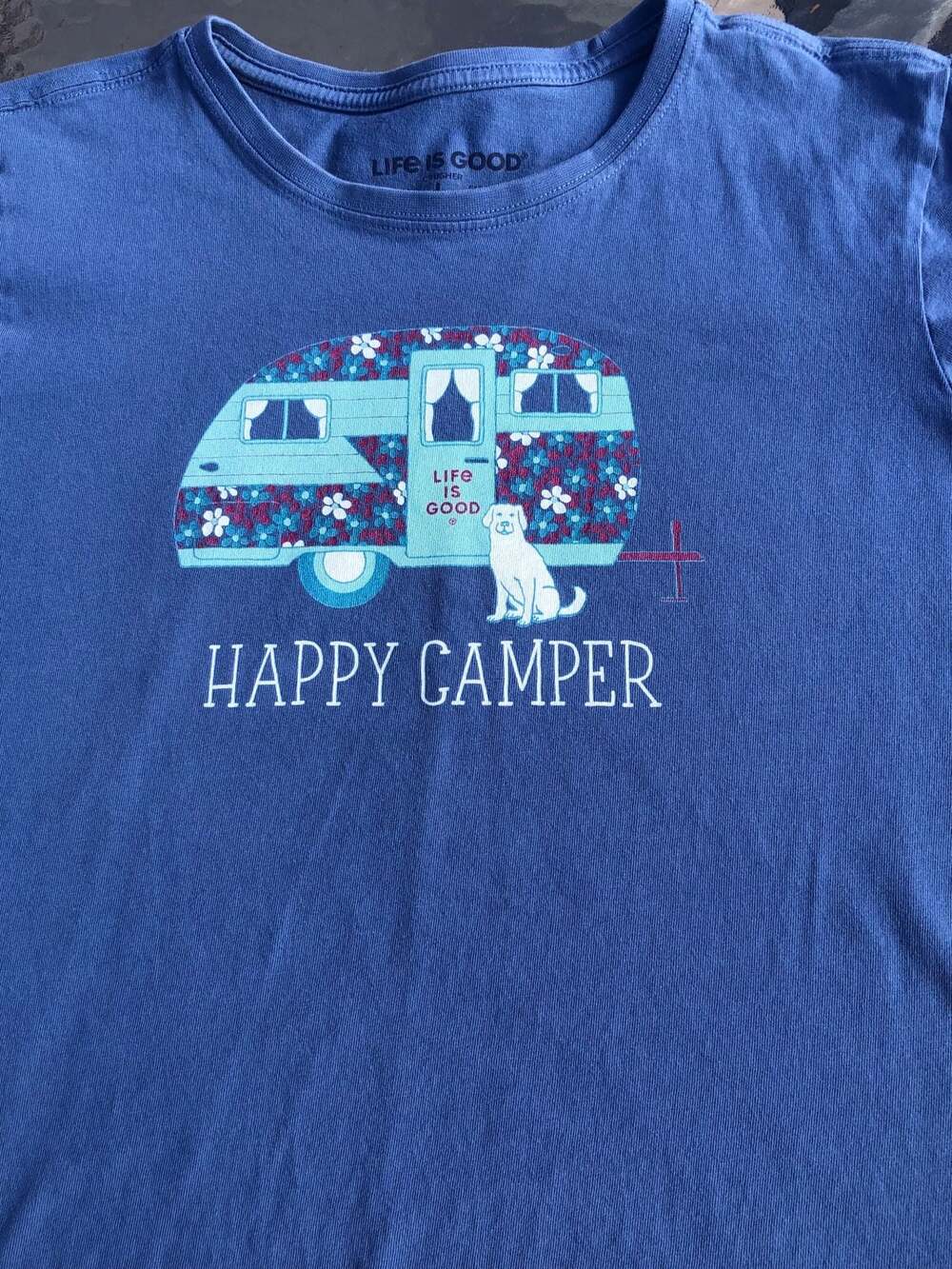 Life is Good Crusher T-Shirt Happy Camper RV Floral Graphic Blue - Picture 3 of 3